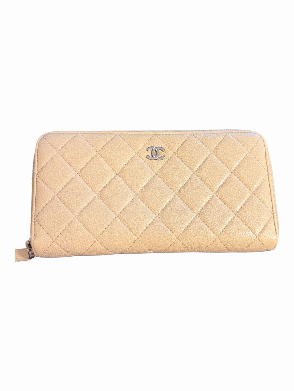 CHANEL Beige Quilted Leather Zip Around Wallet Authenticated Card & Certificate